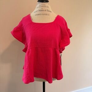 Cliche Women's Fuscia Flowy Boho Flutter Sleeve Blouse Size L